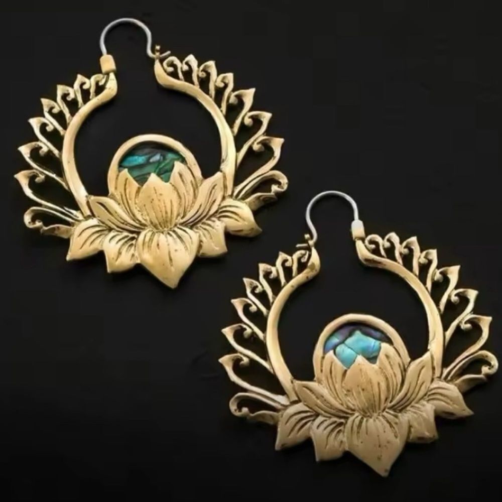 Beautiful Gold Lotus Boho Earrings with Blue Accents